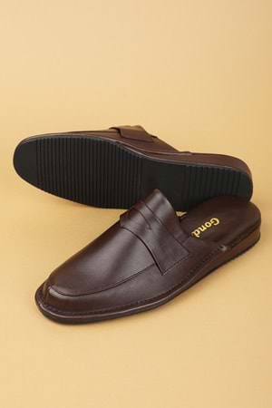 Gondol Erkek Hakiki Deri Damat Ev Terliği kayaş.9011 - Kahverengi - 43