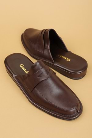 Gondol Erkek Hakiki Deri Damat Ev Terliği kayaş.9011 - Kahverengi - 45