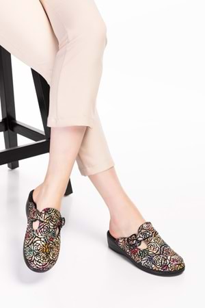 Gondol Kadın Hakiki Deri Ortopedik Sabo Terlik yprk.707 - Siyah Desen - 37