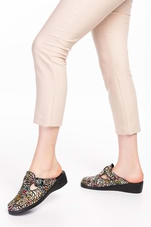 Gondol Kadın Hakiki Deri Ortopedik Sabo Terlik yprk.707 - Siyah Desen - 40