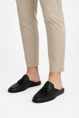 Gondol Erkek Hakiki Deri Püskül Detaylı Damat Ev Terliği kayaş.135 - Siyah - 43