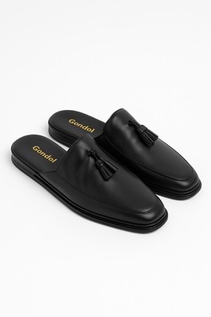 Gondol Erkek Hakiki Deri Püskül Detaylı Damat Ev Terliği kayaş.135 - Siyah - 45