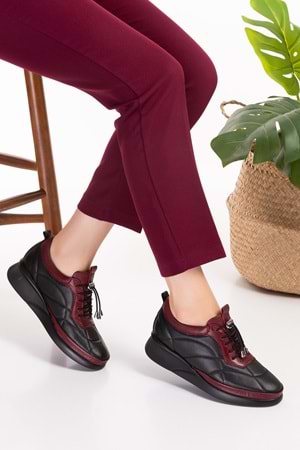 Gondol Hakiki Deri Anatomik Taban Rahat Lastik Bağcıklı Ayakkabı ndr.5506 - Siyah-Bordo - 37