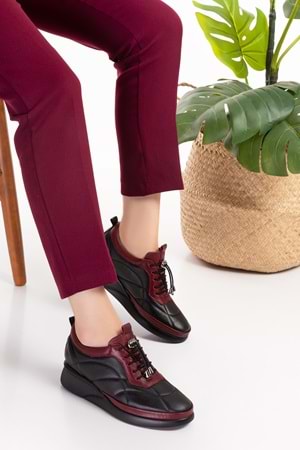 Gondol Hakiki Deri Anatomik Taban Rahat Lastik Bağcıklı Ayakkabı ndr.5506 - Siyah-Bordo - 40