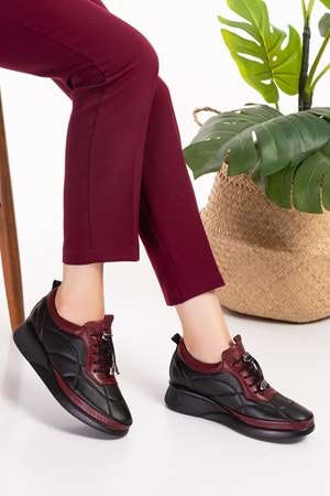 Gondol Hakiki Deri Anatomik Taban Rahat Lastik Bağcıklı Ayakkabı ndr.5506 - Siyah-Bordo - 40