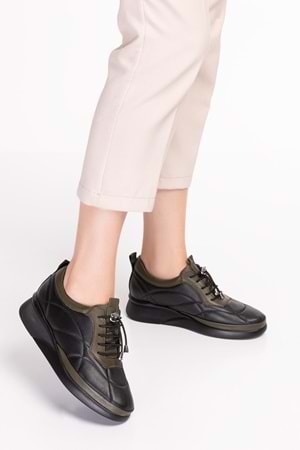 Gondol Hakiki Deri Anatomik Taban Rahat Lastik Bağcıklı Ayakkabı ndr.5506 - Siyah-Haki - 37