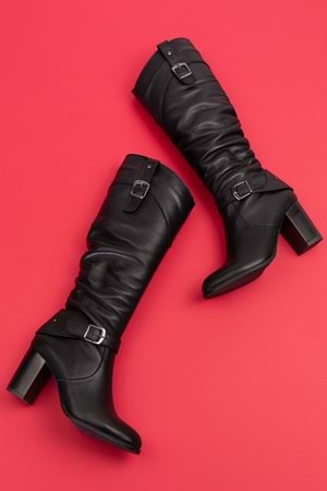 Gondol Hakiki Deri Toka Detay Şık Topuklu Çizme Anl.7087 - Siyah - 39