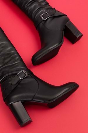 Gondol Hakiki Deri Toka Detay Şık Topuklu Çizme Anl.7087 - Siyah - 39