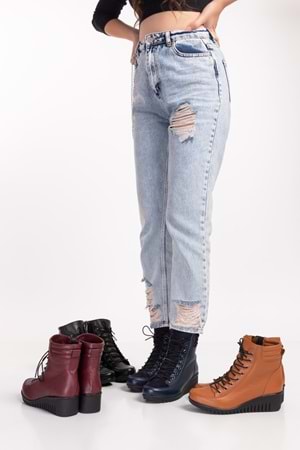 Gondol Kadın Hakiki Deri Kaymaz Dolgu Topuk Fermuarlı Bot esfa.2451 - Lacivert - 41