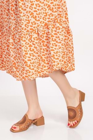 Gondol Hakiki Deri Lazerli Şık Topuklu Terlik Msa.1116 - Taba - 41