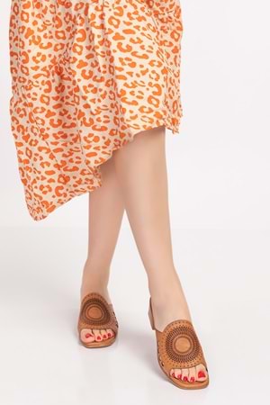 Gondol Hakiki Deri Lazerli Şık Topuklu Terlik Msa.1116 - Taba - 41