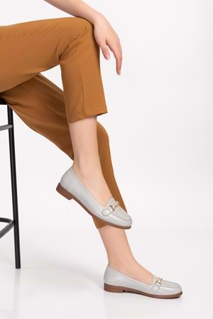Gondol Hakiki Deri Kadın Günlük Loafer vdt.851 - Buz Gri - 35