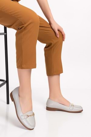 Gondol Hakiki Deri Kadın Günlük Loafer vdt.851 - Buz Gri - 35