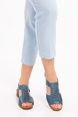 Gondol Hakiki Deri Örgü Topuklu Sandalet İz.6026 - Mavi - 38