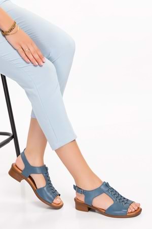 Gondol Hakiki Deri Örgü Topuklu Sandalet İz.6026 - Mavi - 38