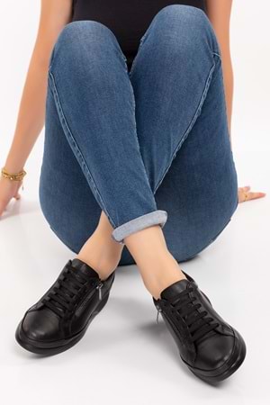 Gondol Hakiki Deri Anatomik Taban Fermuarlı Rahat Günlük Ayakkabı Ndr.6500 - Siyah - 37