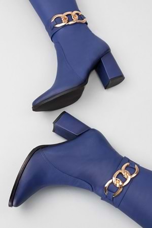 Gondol Hakiki Deri Zincir Detaylı Topuklu Çizme anl.2703 - Saks Mavi - 42