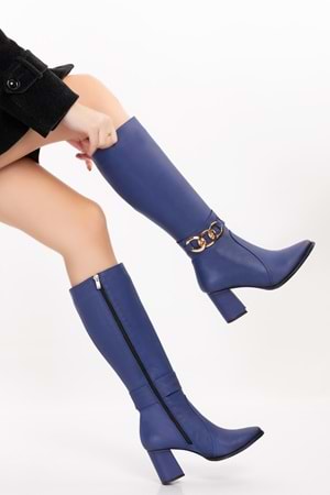 Gondol Hakiki Deri Zincir Detaylı Topuklu Çizme anl.2703 - Saks Mavi - 42