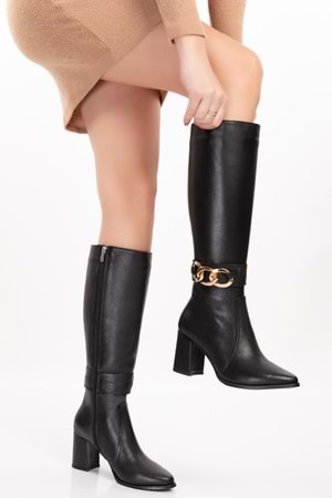 Gondol Hakiki Deri Zincir Detaylı Topuklu Çizme anl.2703 - Siyah - 41