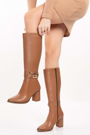 Gondol Hakiki Deri Zincir Detaylı Topuklu Çizme anl.2703 - Taba - 40