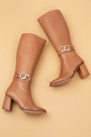 Gondol Hakiki Deri Zincir Detaylı Topuklu Çizme anl.2703 - Taba - 40