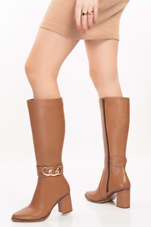Gondol Hakiki Deri Zincir Detaylı Topuklu Çizme anl.2703 - Taba - 40