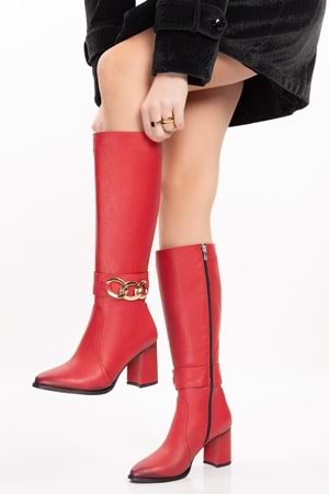 Gondol Hakiki Deri Zincir Detaylı Topuklu Çizme anl.2703 - kırmızı - 42