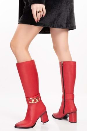 Gondol Hakiki Deri Zincir Detaylı Topuklu Çizme anl.2703 - kırmızı - 42