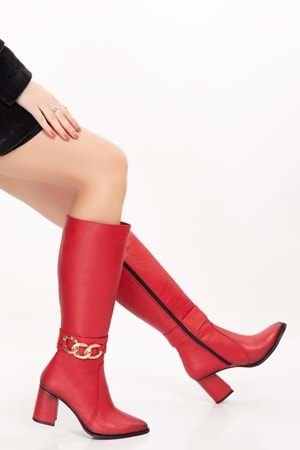 Gondol Hakiki Deri Zincir Detaylı Topuklu Çizme anl.2703 - kırmızı - 42