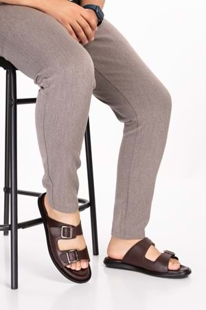 Gondol Erkek Hakiki Deri Günlük Klasik Tokalı Terlik esm.610 - Kahverengi - 40