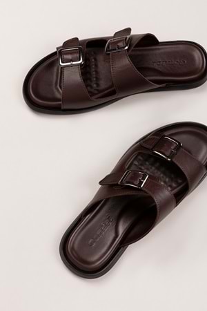 Gondol Erkek Hakiki Deri Günlük Klasik Tokalı Terlik esm.610 - Kahverengi - 40