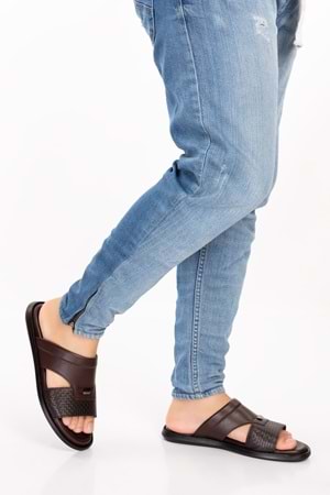 Gondol Erkek Hakiki Deri Günlük Klasik Terlik esm.017 - Kahverengi - 40