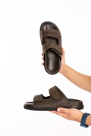 Gondol Erkek Hakiki Deri Cırtlı Ayarlanabilir Rahat Terlik esm.616 - Haki - 40