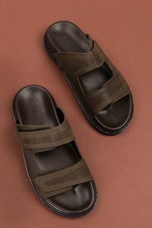 Gondol Erkek Hakiki Deri Cırtlı Ayarlanabilir Rahat Terlik esm.616 - Haki - 40