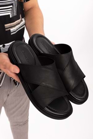 Gondol Erkek Hakiki Deri Çapraz Bant Terlik esm.303 - Siyah - 41