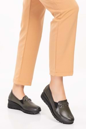 Gondol Kadın Hakiki Deri Anatomik Taban Tokalı Casual Ayakkabı pyt.6210 - Haki - 36