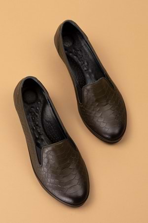 Gondol Hakiki Deri Kısa Topuklu Lastik Detaylı Ayakkabı msa.65 - Haki - 40