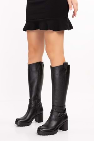 Gondol Hakiki Deri Orta Boy Topuklu Çizme ell.4934 - Siyah - 36