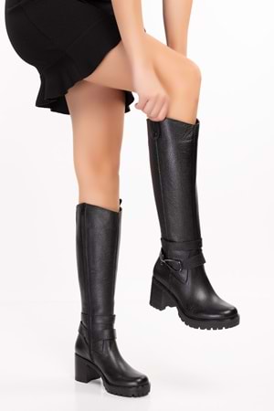 Gondol Hakiki Deri Orta Boy Topuklu Çizme ell.4934 - Siyah - 36