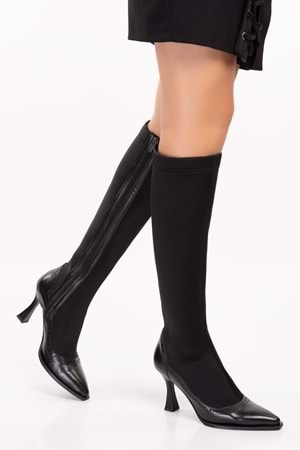 Gondol Kadın Hakiki Deri Üst Kısmı Streçli İnce Topuk Çizme Ast.163 - Siyah - 40