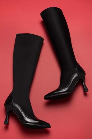 Gondol Kadın Hakiki Deri Üst Kısmı Streçli İnce Topuk Çizme Ast.163 - Siyah - 40