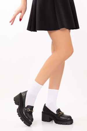 Gondol Hakiki Deri Kalın Taban Platform Topuklu Ayakkabı vtg.23803 - Siyah - 40