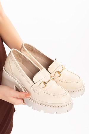 Gondol Hakiki Deri Kalın Taban Platform Topuklu Ayakkabı vtg.23803 - Bej - 40