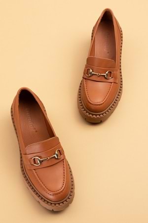 Gondol Hakiki Deri Kalın Taban Platform Topuklu Ayakkabı vtg.23803 - Taba - 40