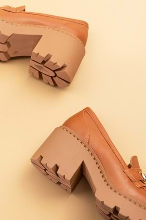 Gondol Hakiki Deri Kalın Taban Platform Topuklu Ayakkabı vtg.23803 - Taba - 40