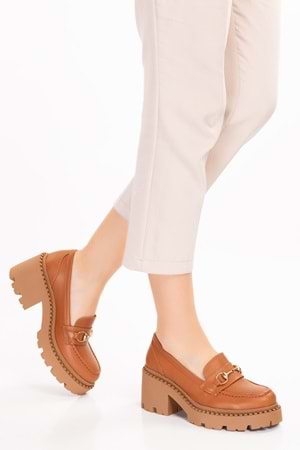 Gondol Hakiki Deri Kalın Taban Platform Topuklu Ayakkabı vtg.23803 - Taba - 40