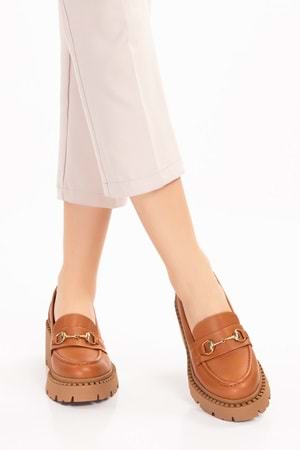 Gondol Hakiki Deri Kalın Taban Platform Topuklu Ayakkabı vtg.23803 - Taba - 40