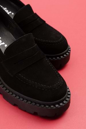 Gondol Hakiki Deri Kalın Taban Platform Topuklu Ayakkabı vtg.23802 - Siyah Süet - 41