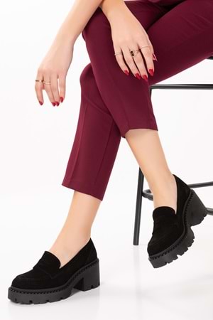 Gondol Hakiki Deri Kalın Taban Platform Topuklu Ayakkabı vtg.23802 - Siyah Süet - 41