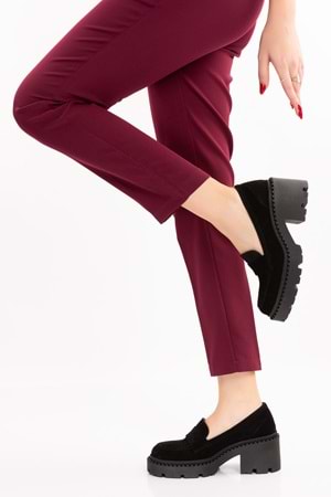 Gondol Hakiki Deri Kalın Taban Platform Topuklu Ayakkabı vtg.23802 - Siyah Süet - 41